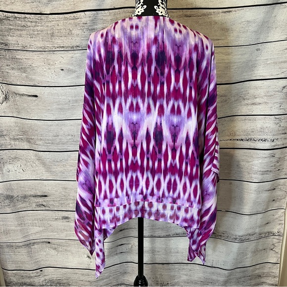 Chico's Fuchsia Purple Ikat Tunic Top Cold Shoulder Gold Thread Uzbek Boho Shawl - Picture 3 of 9